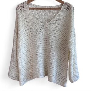 Relaxed Cream Open-Knit V-Neck Boho Sweater OS